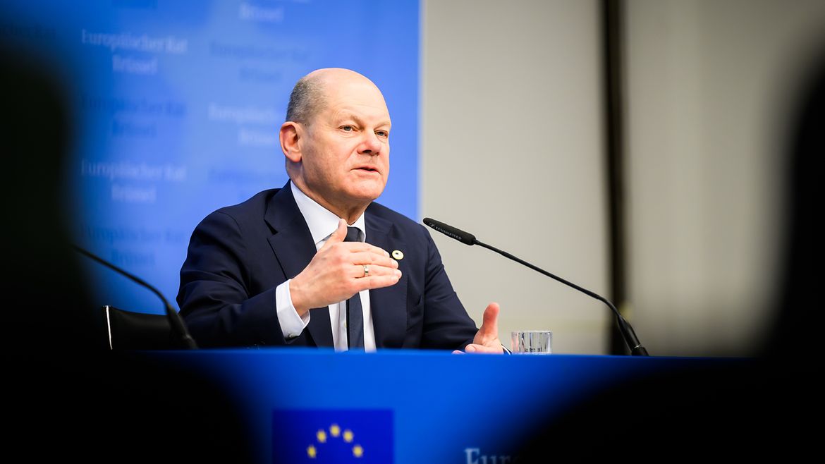Federal Chancellor Olaf Scholz during a press conference in Brussels